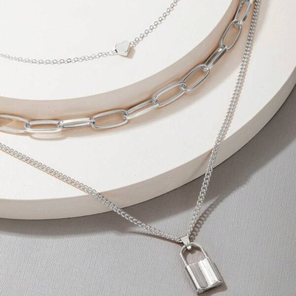 Sterling Silver 3-Layer Chain Necklace | Heart & Lock Pendant - Picture 3 of 4